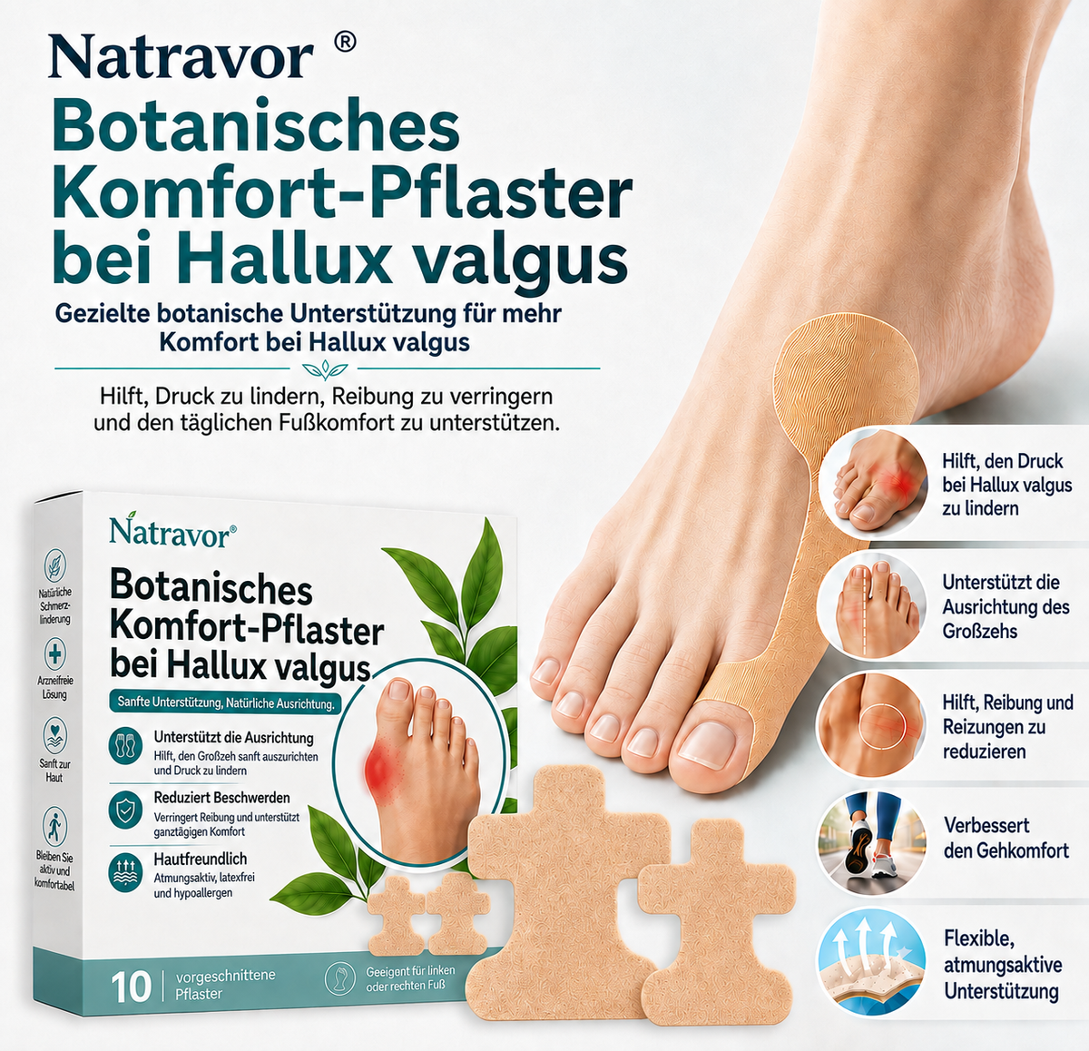 🏅 Natravor® Patch botanique confort pour hallux valgus 👠 Soin des pieds flexible + formule de confort d’inspiration végétale